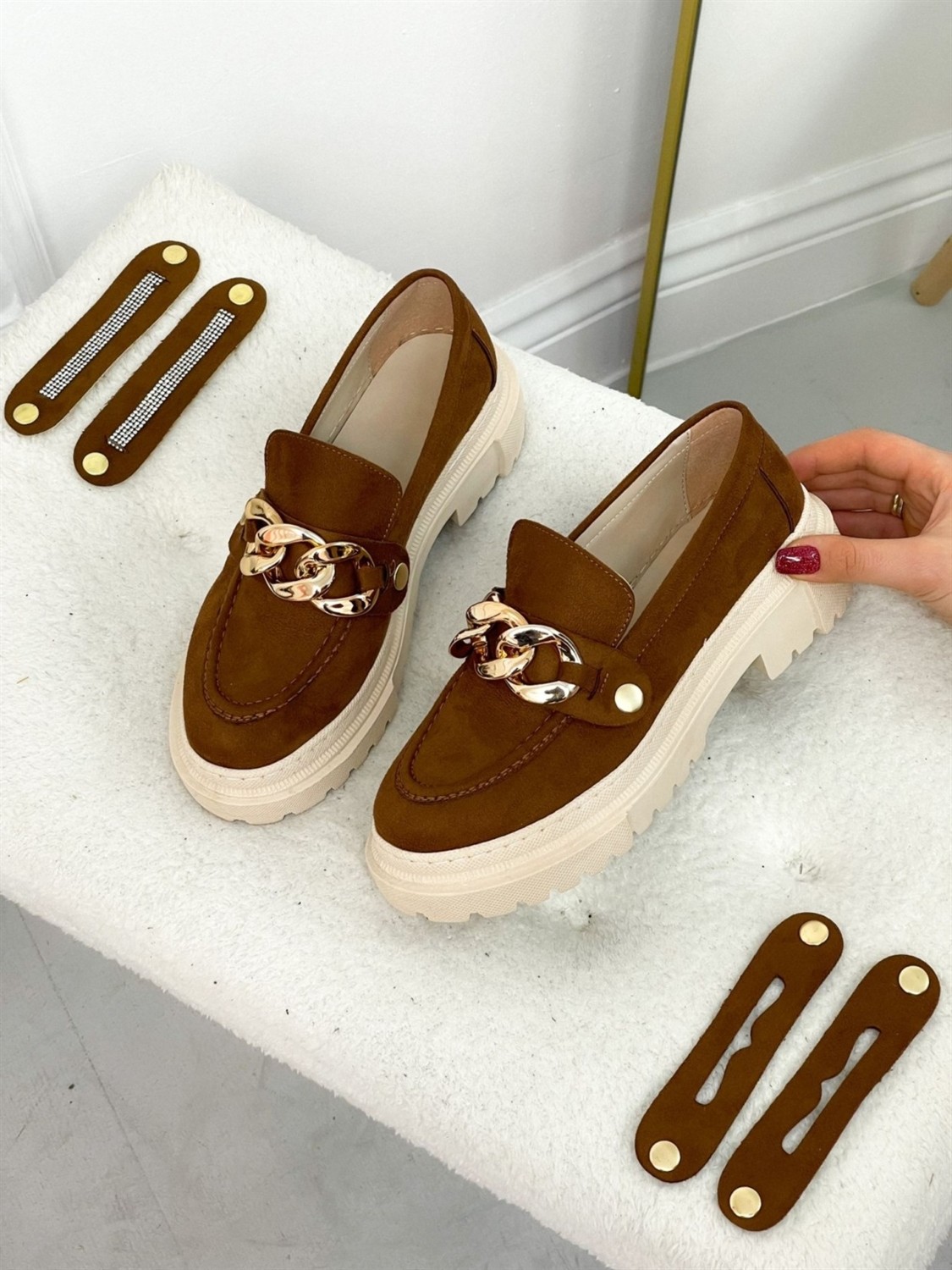 Erva'nın Butiği Taba Süet Kadın Loafer Düz Tabanlı 3 Tokalı Deri Ayakkabı 37 Numaralı