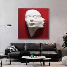 SML Tablo Kırmızı Duvardan Çıkan Alçı Görünümlü Heykel Öpüşen Romantik Çift Kadın Kanvas Tablo