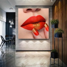 SML Tablo Gold Detaylı Kırmızı Oje ve Ruj Make Up Kuaför Nail Art Dekorasyon Kanvas Tablo