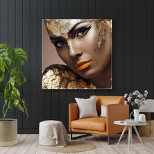 SML Tablo Gold Makyajlı Turuncu Rujlu Kadın Portre Make Up Lüks Kanvas Tablo