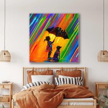 SML Tablo Renkli Yağmur Damlarının Altında Şemşiyeyle Duran Küçük Kız ve Köpeği Kanvas Tablo