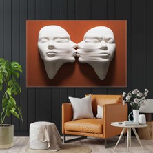 SML Tablo Turuncu Duvardan Çıkan Alçı Görünümlü Heykel Öpüşen Romantik Çift Kanvas Tablo