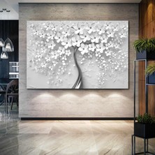 SML Tablo Gümüş Dallı Beyaz Porselen Çiçekli Ağaç Kanvas Tablo