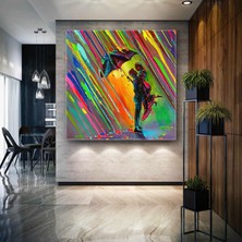 SML Tablo Renkli Boya Damlalarının Altında Şemsiyeyle Duran Çift Romantik Kanvas Tablo