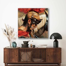 SML Tablo Tüylü Miğferi ve Beyaz Yeleli Atıyla Gladyatör Savaşçı Dekor Kanvas Tablo