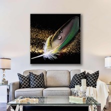 SML Tablo Yeşil Kuş Tüyü Gold Simler ve Su Damlaları Dekorasyon Kanvas Tablo