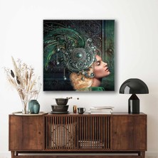 SML Tablo Yeşil Kuş Tüylü Antika Zümrüt Taşlı Başlığıyla Sarışın Kadın Kanvas Tablo