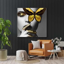 SML Tablo Gold Makyajlı Kadın ve Sarı Kelebek Dekoratif Kanvas Tablo