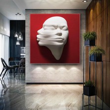 SML Tablo Kırmızı Duvardan Çıkan Alçı Görünümlü Heykel Öpüşen Romantik Çift Erkek Kanvas Tablo