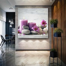 SML Tablo Mumlar Zen Taşları Mor Çiçekler Spa Masaj Salonu Kanvas Tablo
