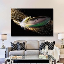 SML Tablo Yeşil Kuş Tüyü Gold Simler ve Su Damlaları Dekorasyon Kanvas Tablo