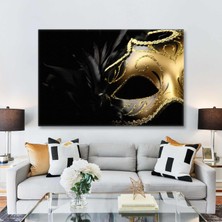 SML Tablo Siyah Tüy Detaylı Gold Simli Maske Gizemli Dekor Lüks Kanvas Tablo