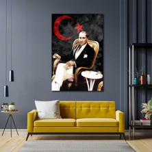 SML Tablo Mustafa Kemal Atatürk Kahve Içerken Kırmızı Ay Yıldız Türk Bayrağı Kanvas Tablo