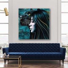 SML Tablo Siyah Panter ve Siyah Saçlı Kadın Fırça Izleri Güçlü Kadın Kanvas Tablo