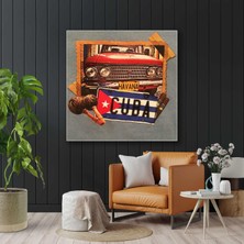 SML Tablo Küba Plakası Kırmızı Nostaljik Araba Havana Müzik Aleti Kanvas Tablo