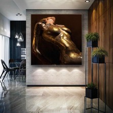 Altın Simli Kırmızı Pırıltılı Rujlu Kadın Make Up Dekoratif Kare Kanvas Tablo