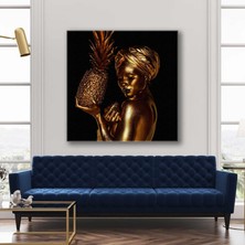 SML Tablo Elinde Ananas Tutan Gold Makyajlı Pırıltılı Dudaklı Kadın Dekoratif Kanvas Tablo