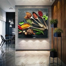 SML Tablo Bakır Kaşık Içerisinde Çeşitli Baharatlar Biber Kekik Mutfak Dekorasyon Kanvas Tablo