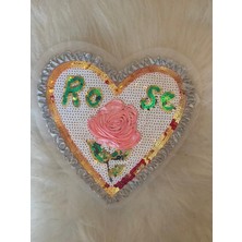 Gönülden Tasarım 21X23 cm Pul Peyetli Tasarım Rose (Gül)Yazılı Kalp Aplike Yama Arma