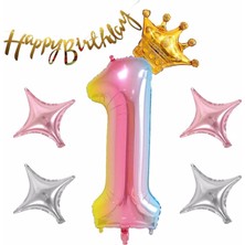 Parti Station Happy Birthday Rengarenk Yaş Balon Set Yıldız Balon Folyo Set Konsept Doğum Günü Set Yaş Balon Set