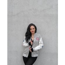 NewLaker Unisex Oversize Gri&beyaz Bomber Kolej Ceket