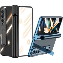 Case 4U Samsung Galaxy Z Fold 4 Uyumlu Kılıf Kıpta Standlı Kalem Bölmeli Kapak Mavi