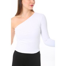 CHEISU Kadın Tek Omuz T-Shirt Bluz Beyaz