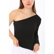 CHEISU Kadın Tek Omuz T-Shirt Bluz Siyah