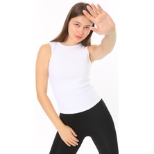 CHEISU Kadın Sıfır Kol Fitilli T-Shirt Bluz Body Atlet Beyaz
