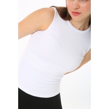CHEISU Kadın Sıfır Kol Fitilli T-Shirt Bluz Body Atlet Beyaz