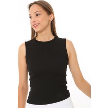 CHEISU Kadın Sıfır Kol Fitilli T-Shirt Bluz Body Atlet Siyah