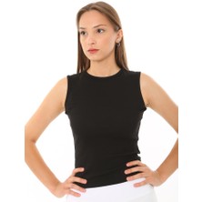 CHEISU Kadın Sıfır Kol Fitilli T-Shirt Bluz Body Atlet Siyah