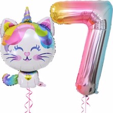 Parti Station Unicorn Kedi Balon Set Renkli Sayı Balon Folyo Set Konsept Doğum Günü Set Yaş Balon