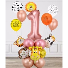Parti Station Safari Pembe Hayvanlar Balon Set Yıldız Balon Folyo Set Konsept Doğum Günü Set Yaş Balon Set