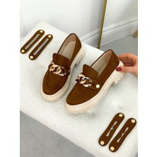 Erva'nın Butiği Taba Süet Kadın Loafer Düz Tabanlı 3 Tokalı Deri Ayakkabı 37 Numaralı