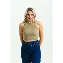 Moda-AK Kadın Fitilli Halter Yaka Crop / Bluz / Büstiyer