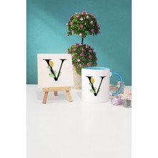 Hedizu Çiçek Desenli V Harfli Mavi Kupa Bardak Dekoratif Taş