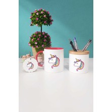 Hedizu Unicorn Hediye Kırmızı Kupa Bardak Kalemlik Anahtarlık