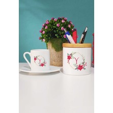 Hedizu Çiçekli Y Harfli Türk Kahvesi Fincanı Beyaz ve Kalemlik