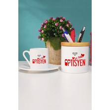 Hedizu En Tatlı Optisyen Hediye Türk Kahvesi Fincanı Beyaz ve Kalemlik