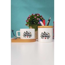 Hedizu Merry Christmas Yılbaşı Hediyesi Ahşap Altlıklı Fincan ve Kalemlik