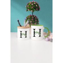 Hedizu Çiçek Desenli H Harfli Yeşil Kupa Bardak Kalemlik