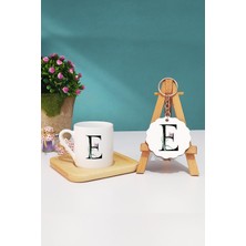 Hedizu Çiçek Desenli E Harfli Türk Kahvesi Fincanı Ahşap Altlıklı ve Anahtarlık