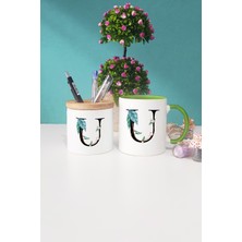 Hedizu Çiçek Desenli U Harfli Yeşil Kupa Bardak Kalemlik