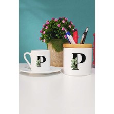 Hedizu Botanik P Harfli Türk Kahvesi Fincanı Beyaz ve Kalemlik