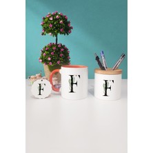 Hedizu Çiçek Desenli F Harfli Turuncu Kupa Bardak Kalemlik Anahtarlık