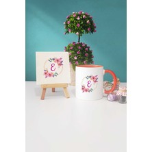 Hedizu Çiçekli E Harfli Turuncu Kupa Bardak Dekoratif Taş