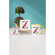 Hedizu Çiçek Desenli Z Harfli Sarı Kupa Bardak Dekoratif Taş Anahtarlık