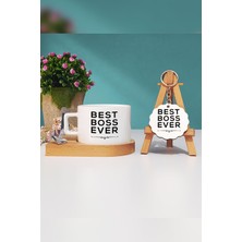 Hedizu Patrona Hediye Best Boss Ever Ahşap Altlıklı Fincan ve Anahtarlık