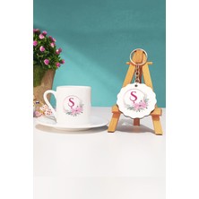 Hedizu Çiçekli Ş Harfli Türk Kahvesi Fincanı Beyaz ve Anahtarlık